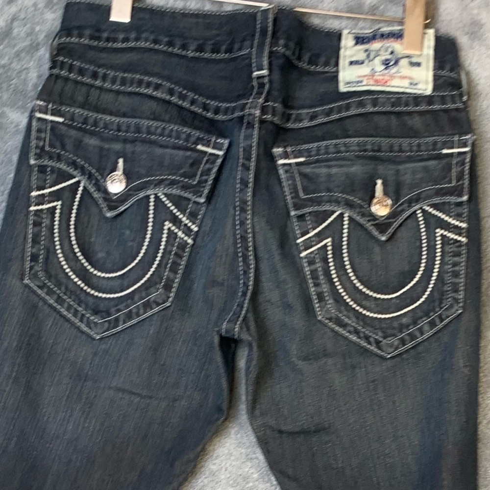 Vintage True Religion Straight Leg Dark Wash Low Rise Jeans Contrast Stitch 31